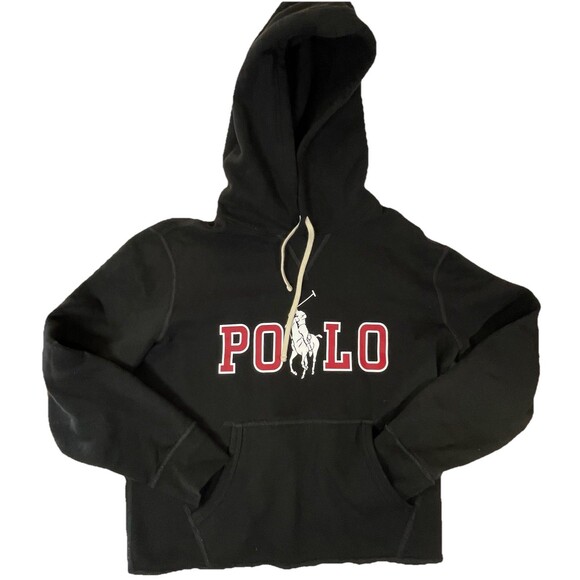 Polo Ralph Lauren Pullover Cut Cropped Hooded Sweatshirt Sz M Black Boxy Logo - Picture 1 of 5